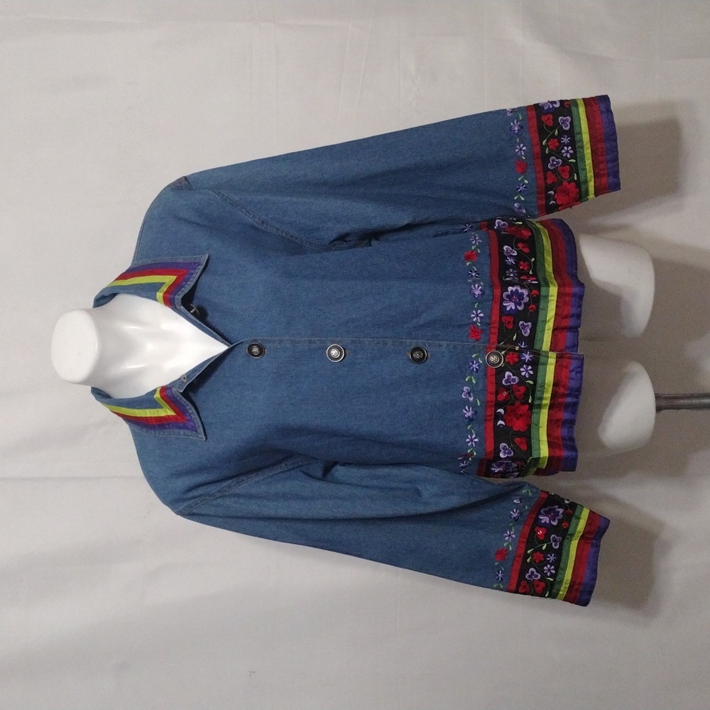 Vintage Tantrum Blues Embroidered Denim Jacket Floral Hippie Festival L Petite